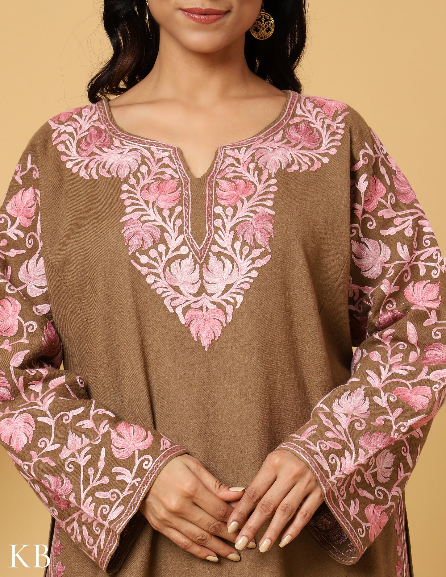 Beige Bliss Aari Embroidered Pure Wool Phiran - Kashmir Box