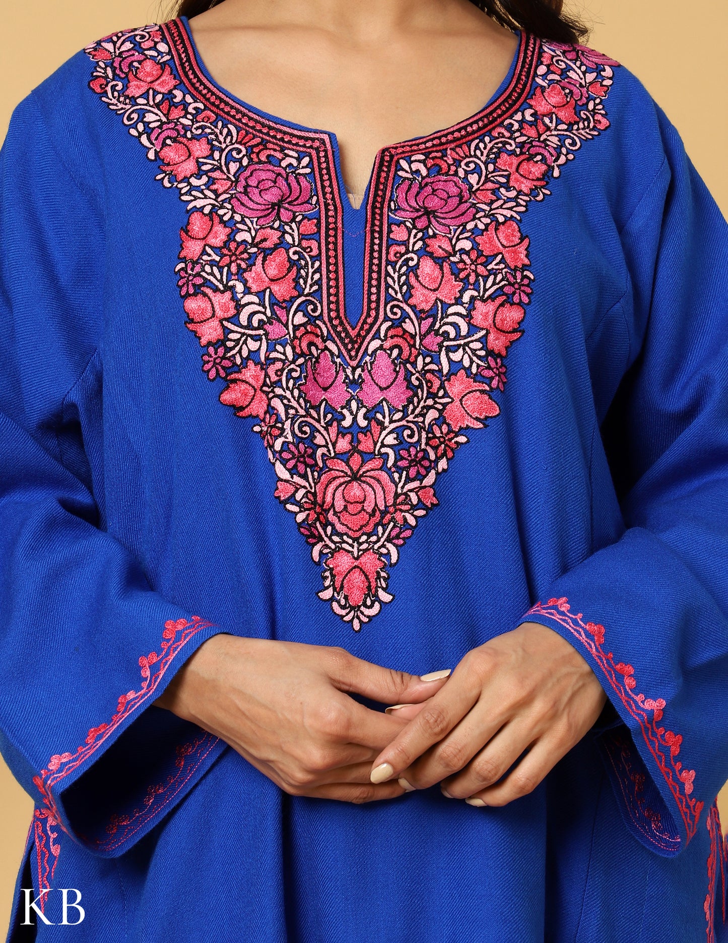 Sapphire Blue Aari  Embroiderd Cashmilon Phiran - Kashmir Box