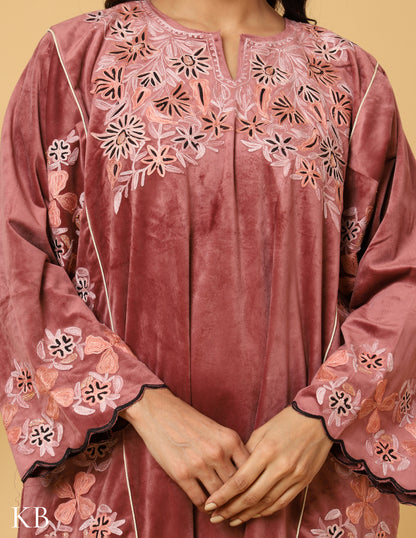 Warm Candy Pink Zari Aari Embroiderd Makhmal Phiran - Kashmir Box