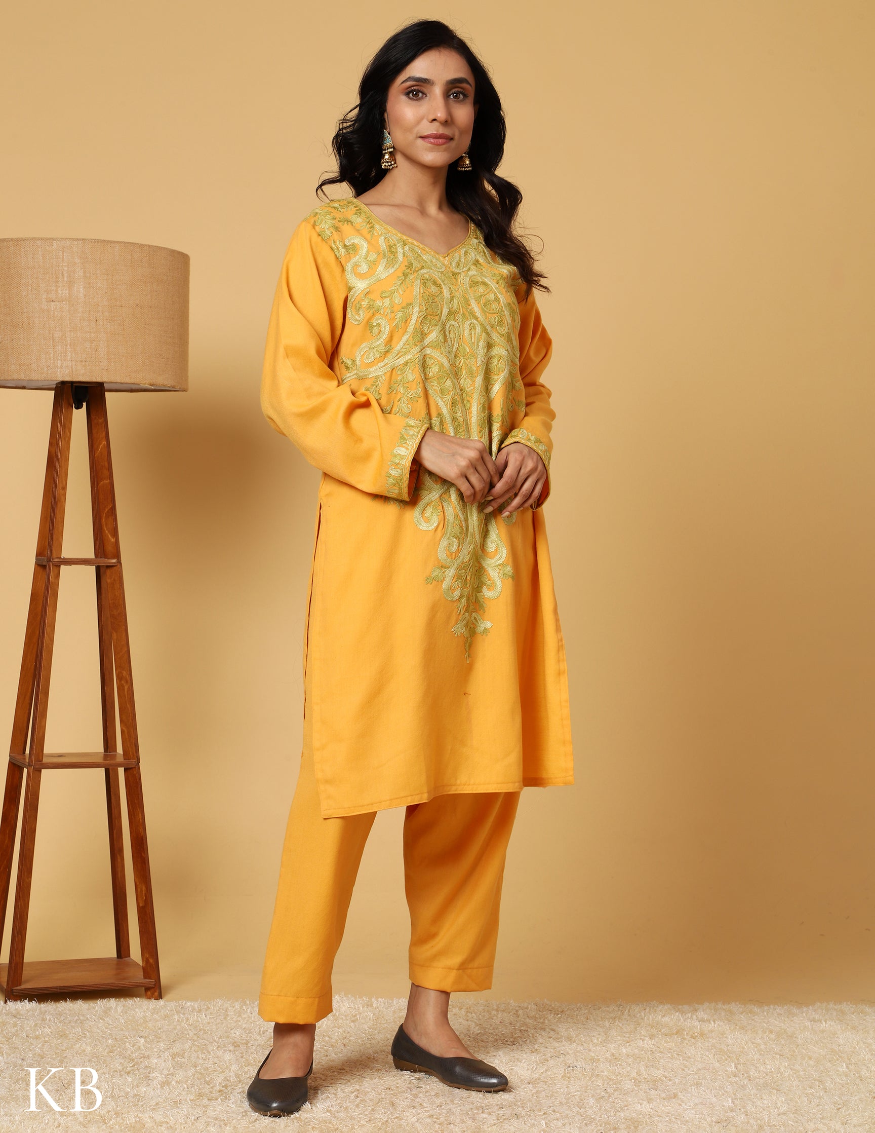 Sunshine Yellow Aari Embroidered Woolen Suit Set - Kashmir Box