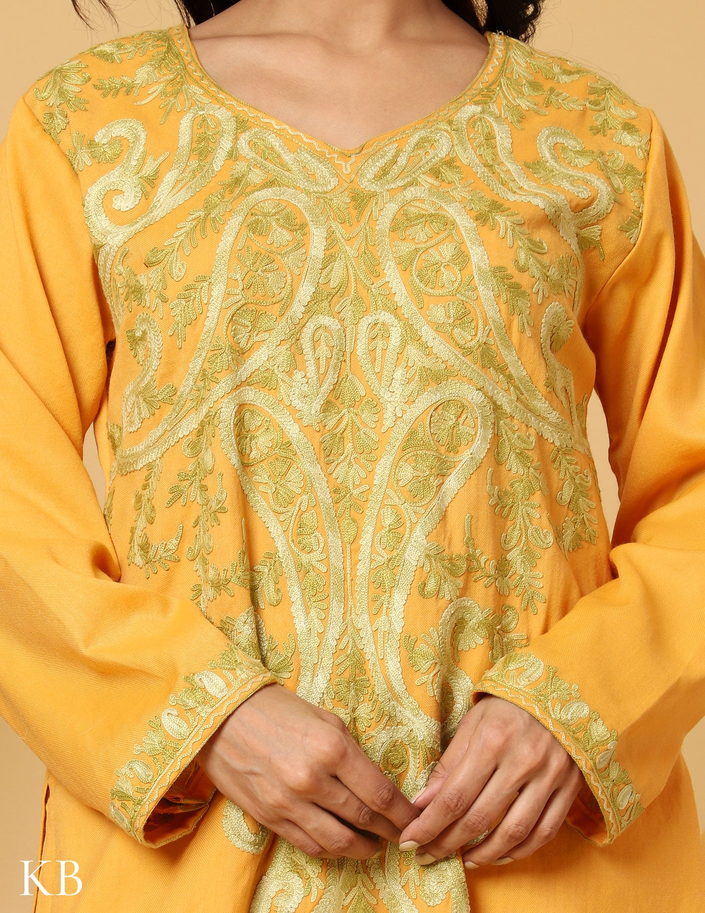 Sunshine Yellow Aari Embroidered Woolen Suit Set - Kashmir Box