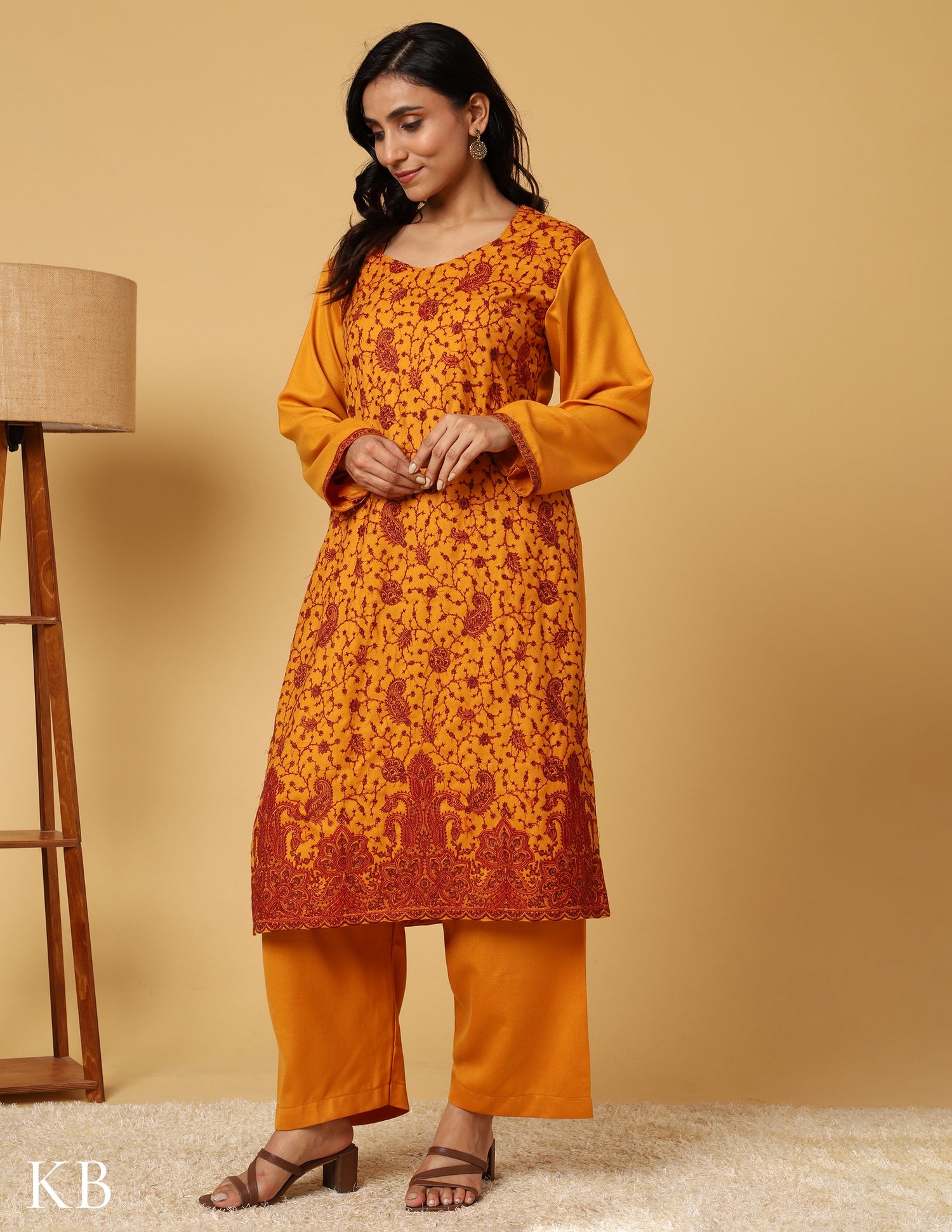 Mustard Marigold Sozni Embroidered Woolen Suit - Kashmir Box