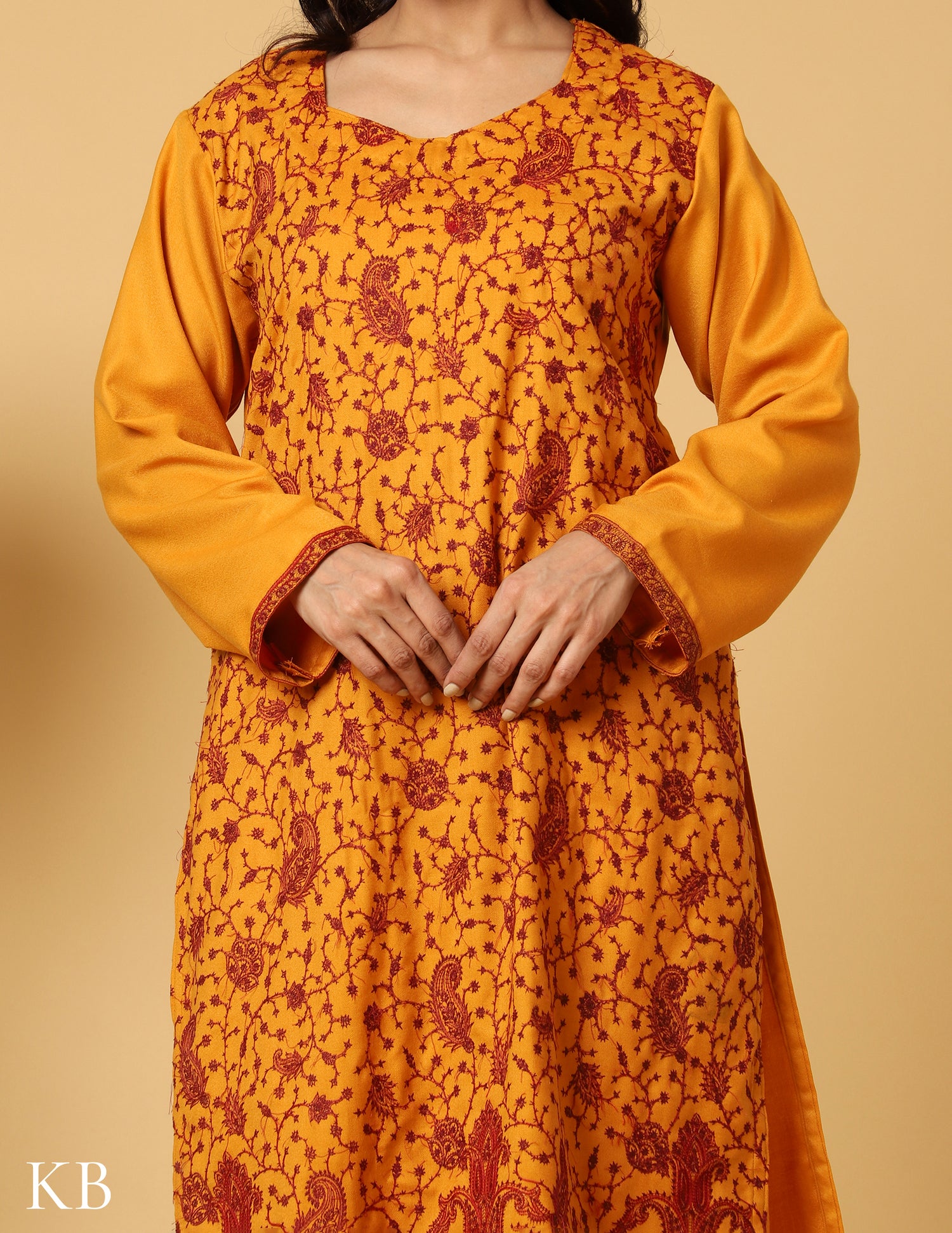 Mustard Marigold Sozni Embroidered Woolen Suit - Kashmir Box