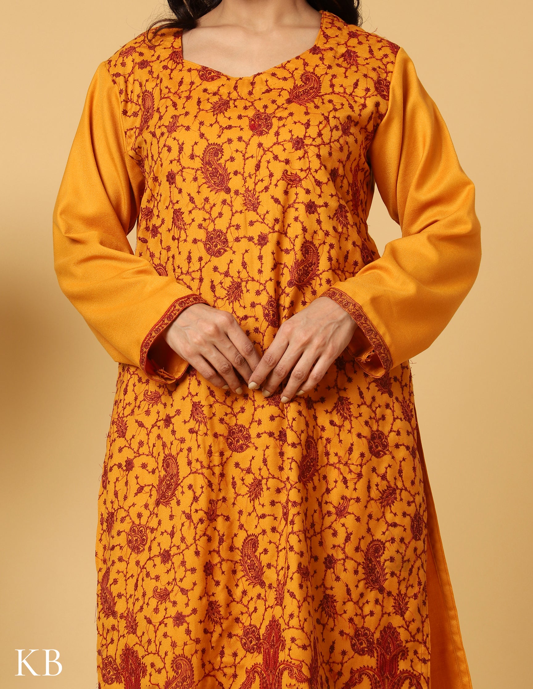 Mustard Marigold Sozni Embroidered Woolen Suit - Kashmir Box