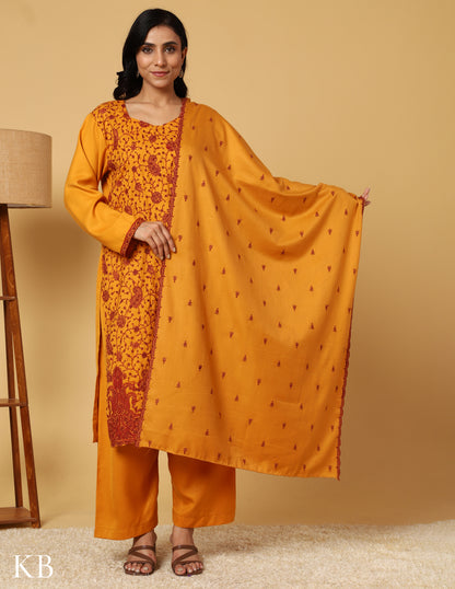 Mustard Marigold Sozni Embroidered Woolen Suit - Kashmir Box