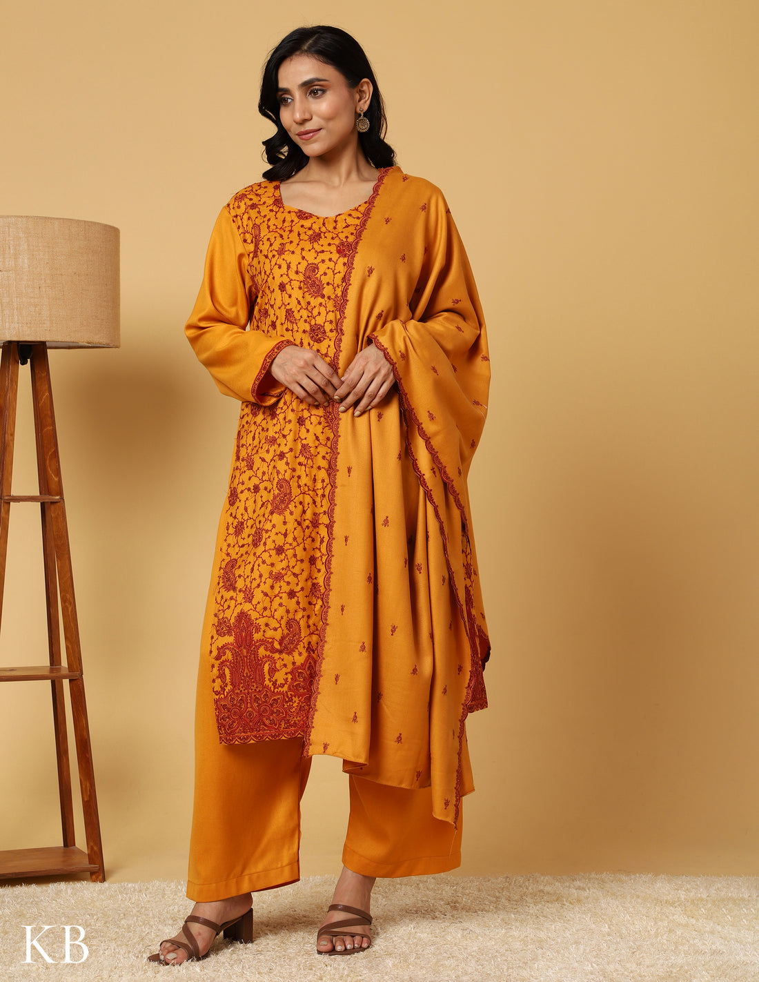 Mustard Marigold Sozni Embroidered Woolen Suit - Kashmir Box