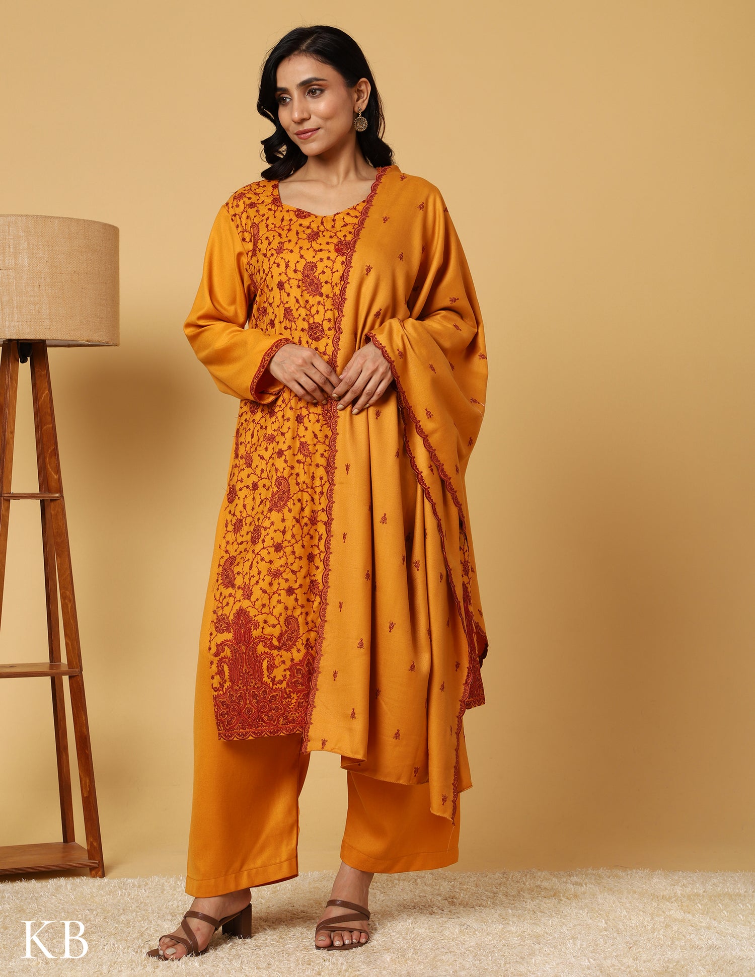 Mustard Marigold Sozni Embroidered Woolen Suit - Kashmir Box