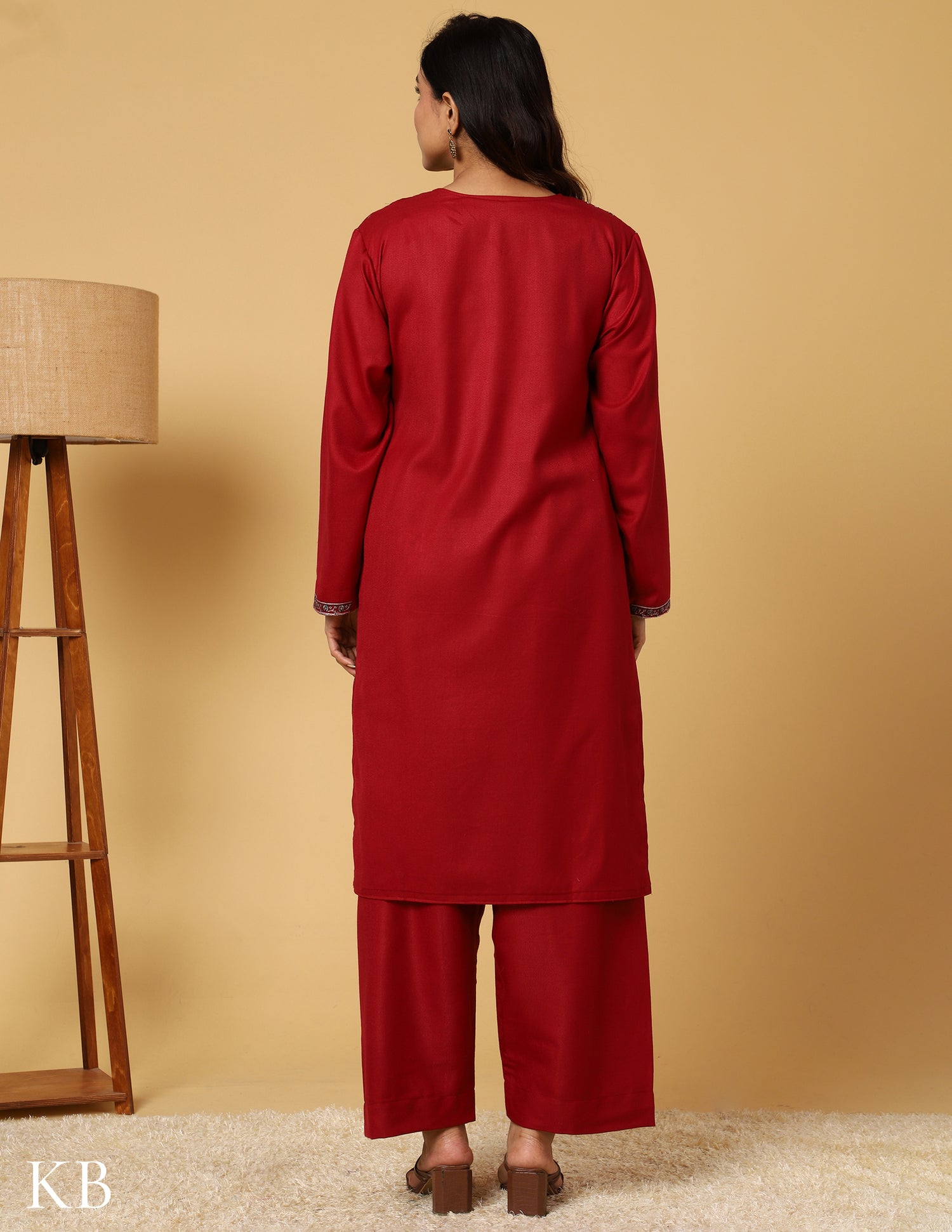 Maroon Oak Sozni Embroidered woolen Suit Set - Kashmir Box