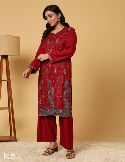 Maroon Oak Sozni Embroidered woolen Suit Set - Kashmir Box