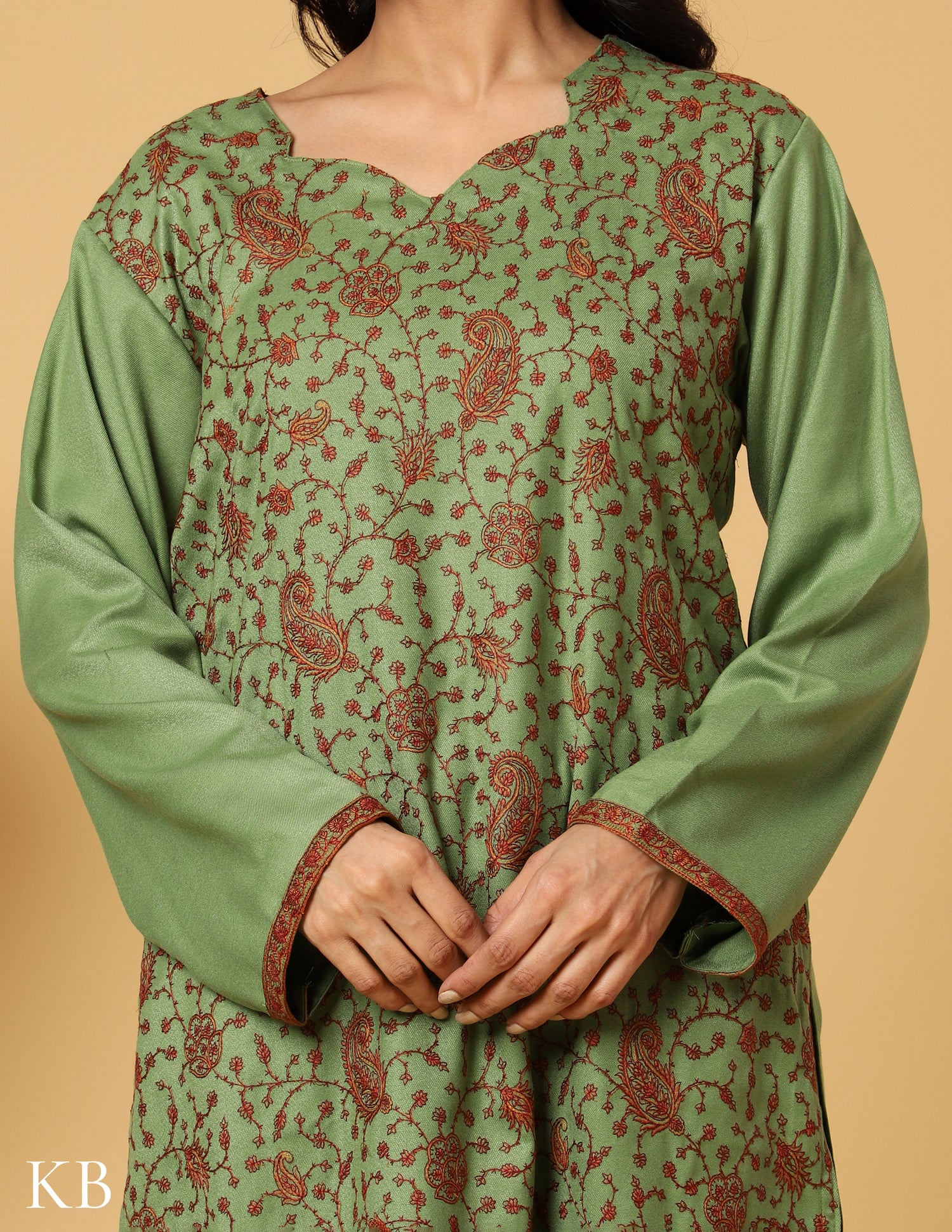 Forest Green Sozni Embroidered Woolen Suit Set - Kashmir Box