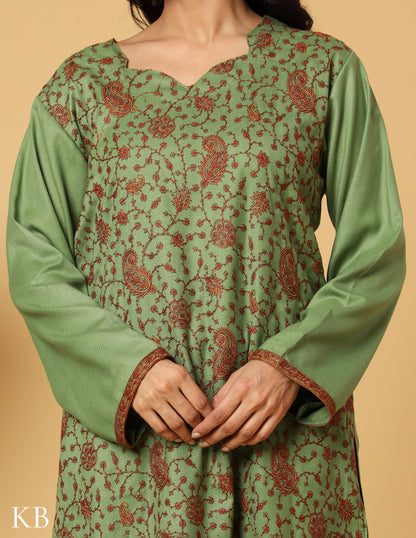 Forest Green Sozni Embroidered Woolen Suit Set - Kashmir Box