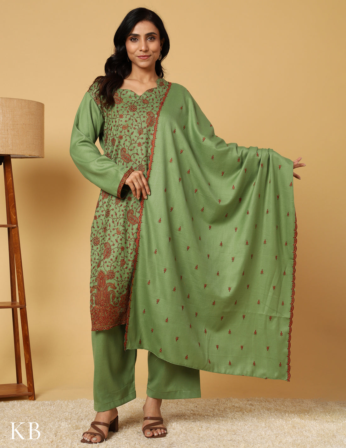 Forest Green Sozni Embroidered Woolen Suit Set - Kashmir Box