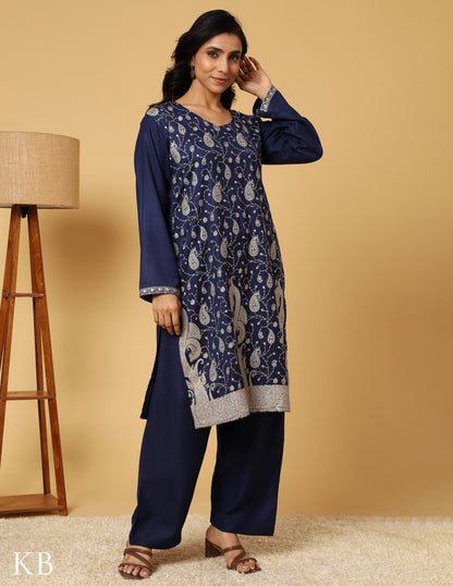 Estate Blue Sozni Embroidered Woolen Suit - Kashmir Box