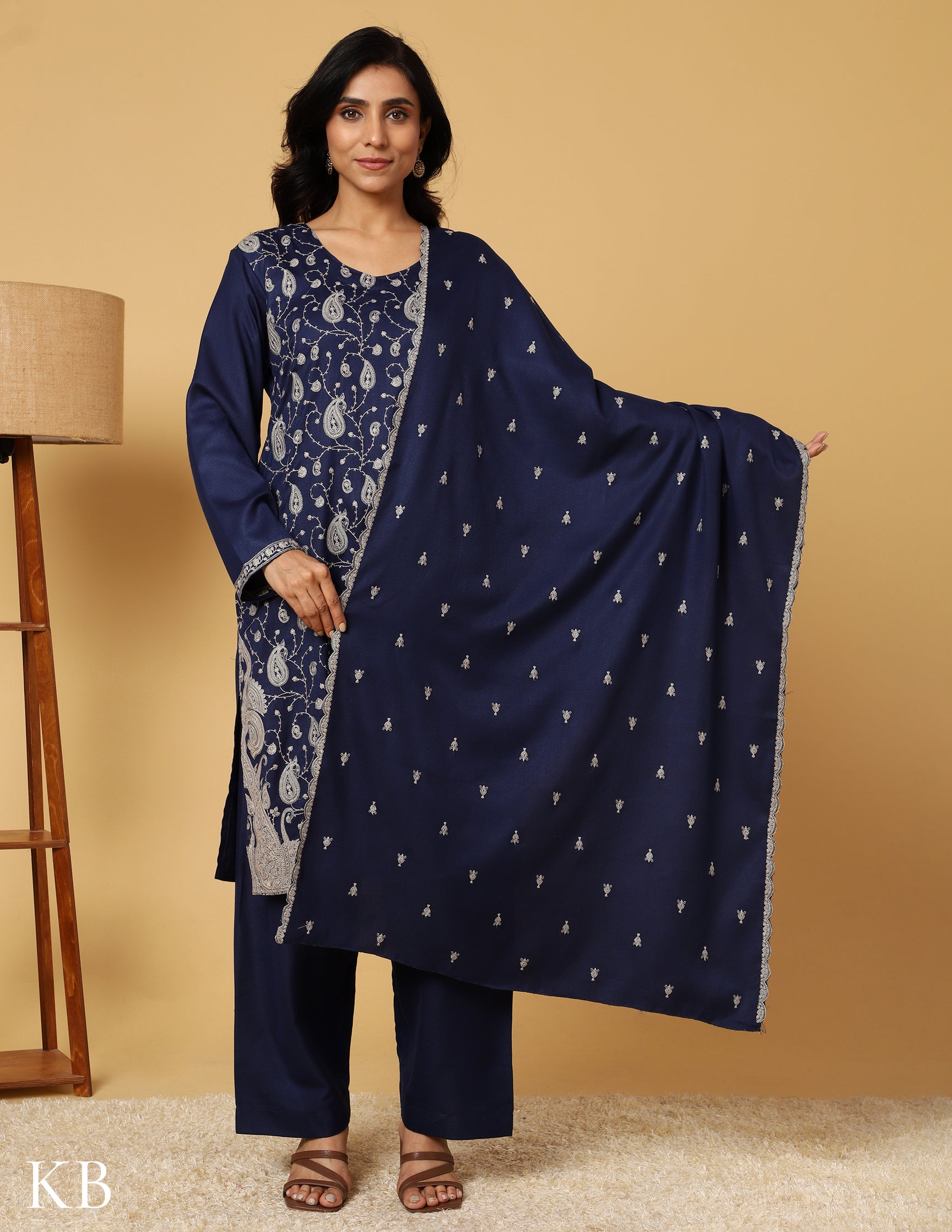 Estate Blue Sozni Embroidered Woolen Suit - Kashmir Box