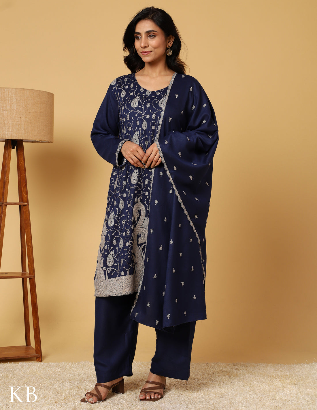 Estate Blue Sozni Embroidered Woolen Suit - Kashmir Box