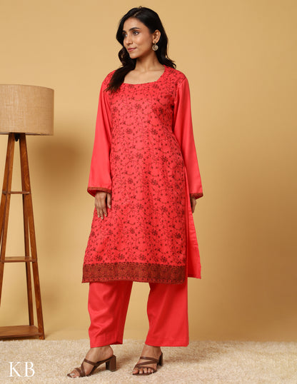 Coral Sunset Sozni Embroidered Woolen Suit. - Kashmir Box