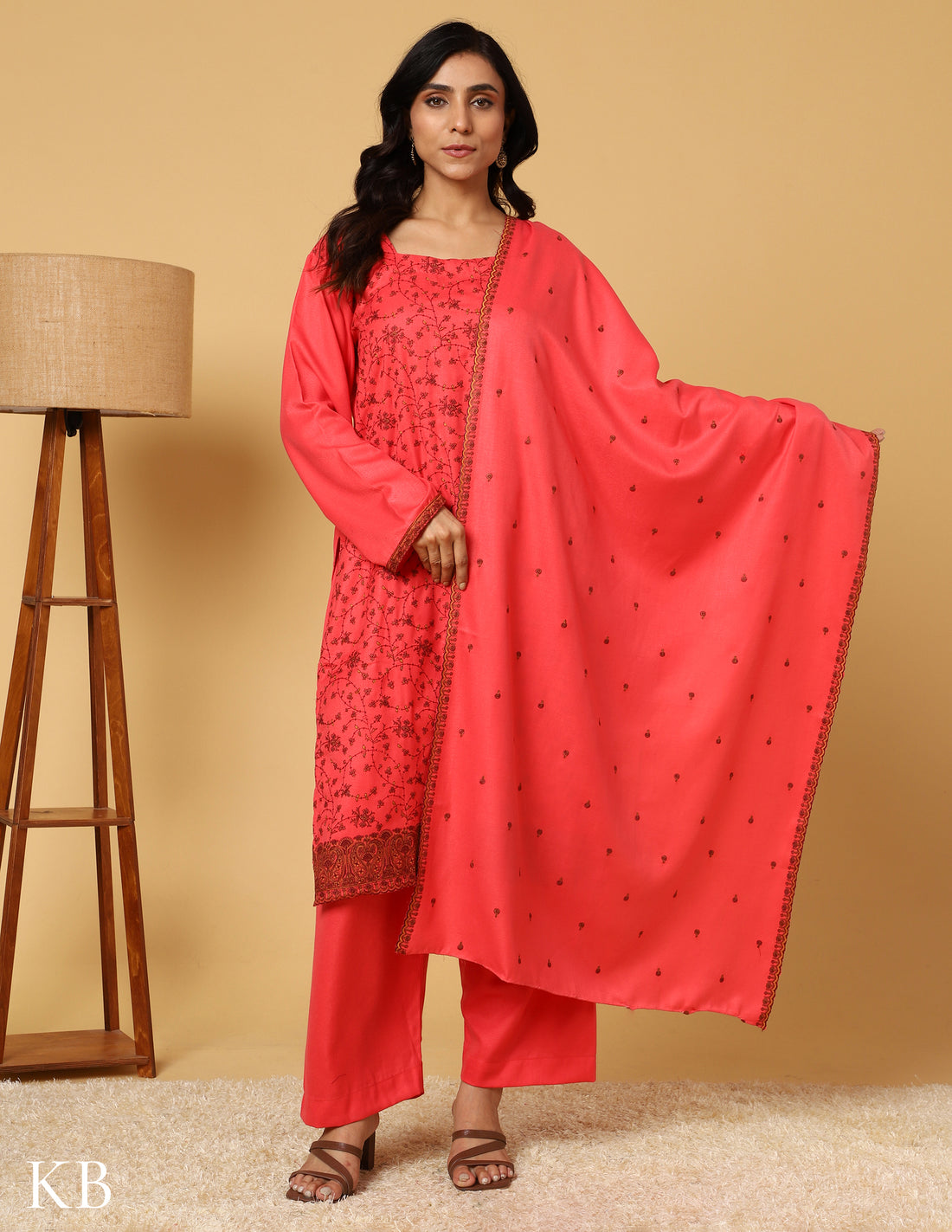 Coral Sunset Sozni Embroidered Woolen Suit. - Kashmir Box