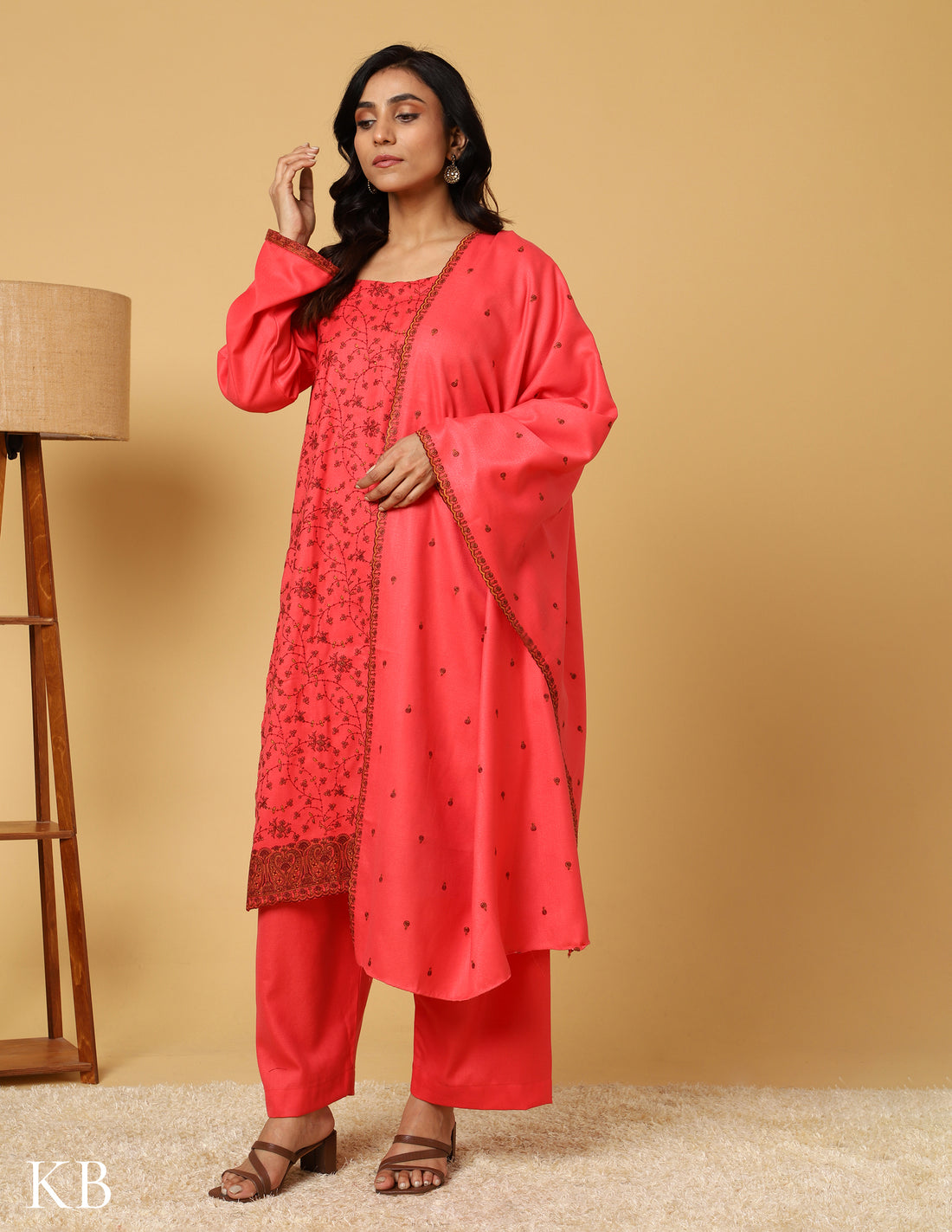 Coral Sunset Sozni Embroidered Woolen Suit. - Kashmir Box
