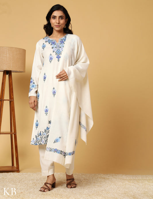 White Aari Embroidered Woolen Suit with Stole - Kashmir Box