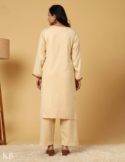 Buttercream Bliss Sozni Embroidered Woolen Suit. - Kashmir Box