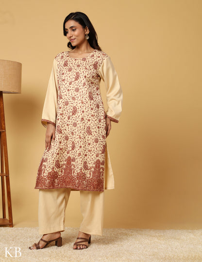 Buttercream Bliss Sozni Embroidered Woolen Suit. - Kashmir Box