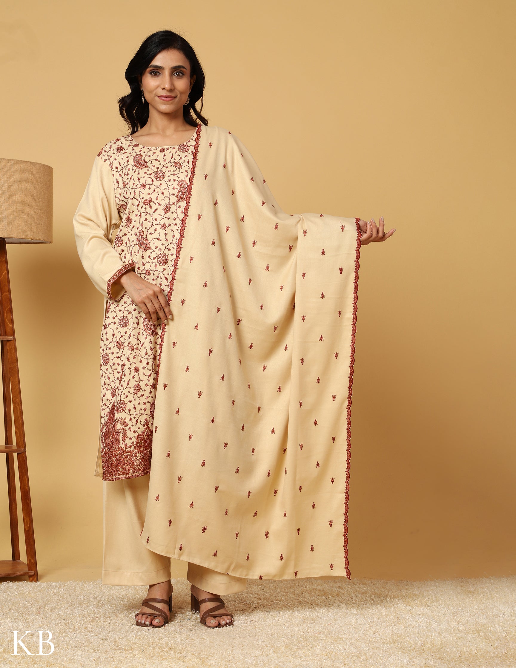 Buttercream Bliss Sozni Embroidered Woolen Suit. - Kashmir Box