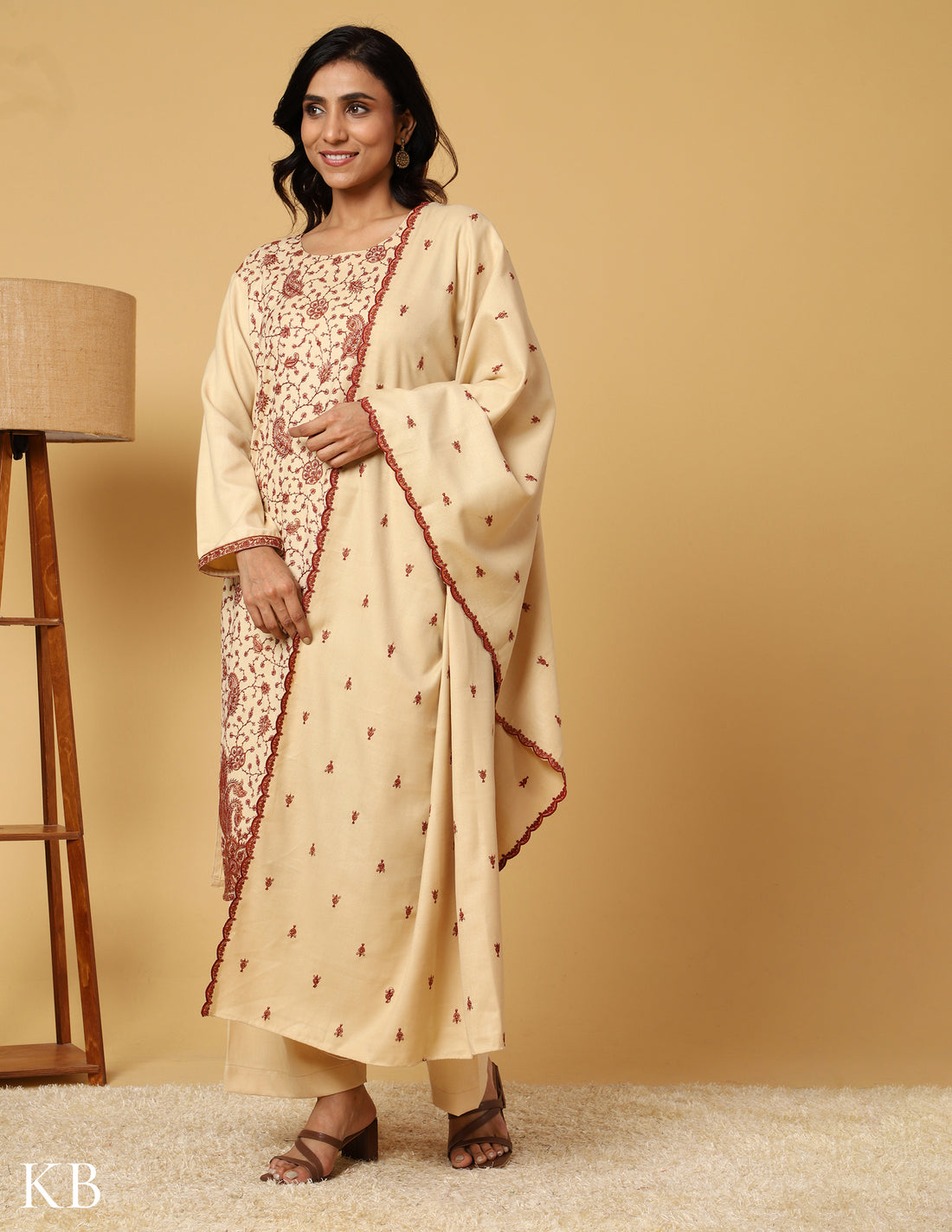 Buttercream Bliss Sozni Embroidered Woolen Suit. - Kashmir Box