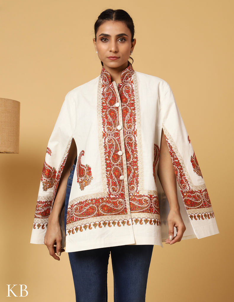Bright White Sozni Zari Woolen Cape Jacket - Kashmir Box