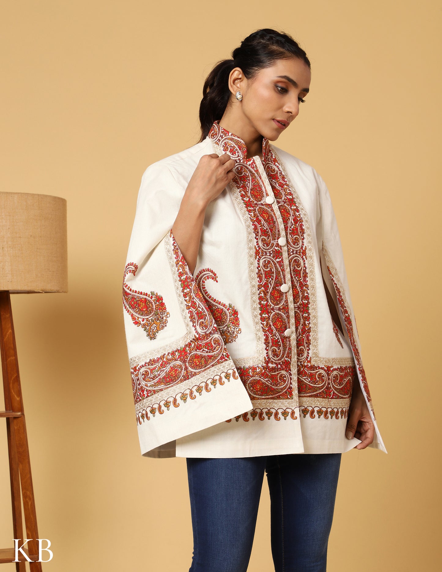 Bright White Sozni Zari Woolen Cape Jacket - Kashmir Box