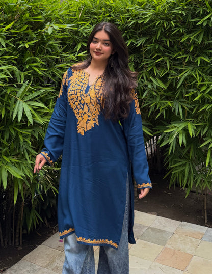 Blue Rayon Kurti – Light Brown &amp; Yellow Earthy Embroidery | Daily Ethnic Wear - Kashmir Box