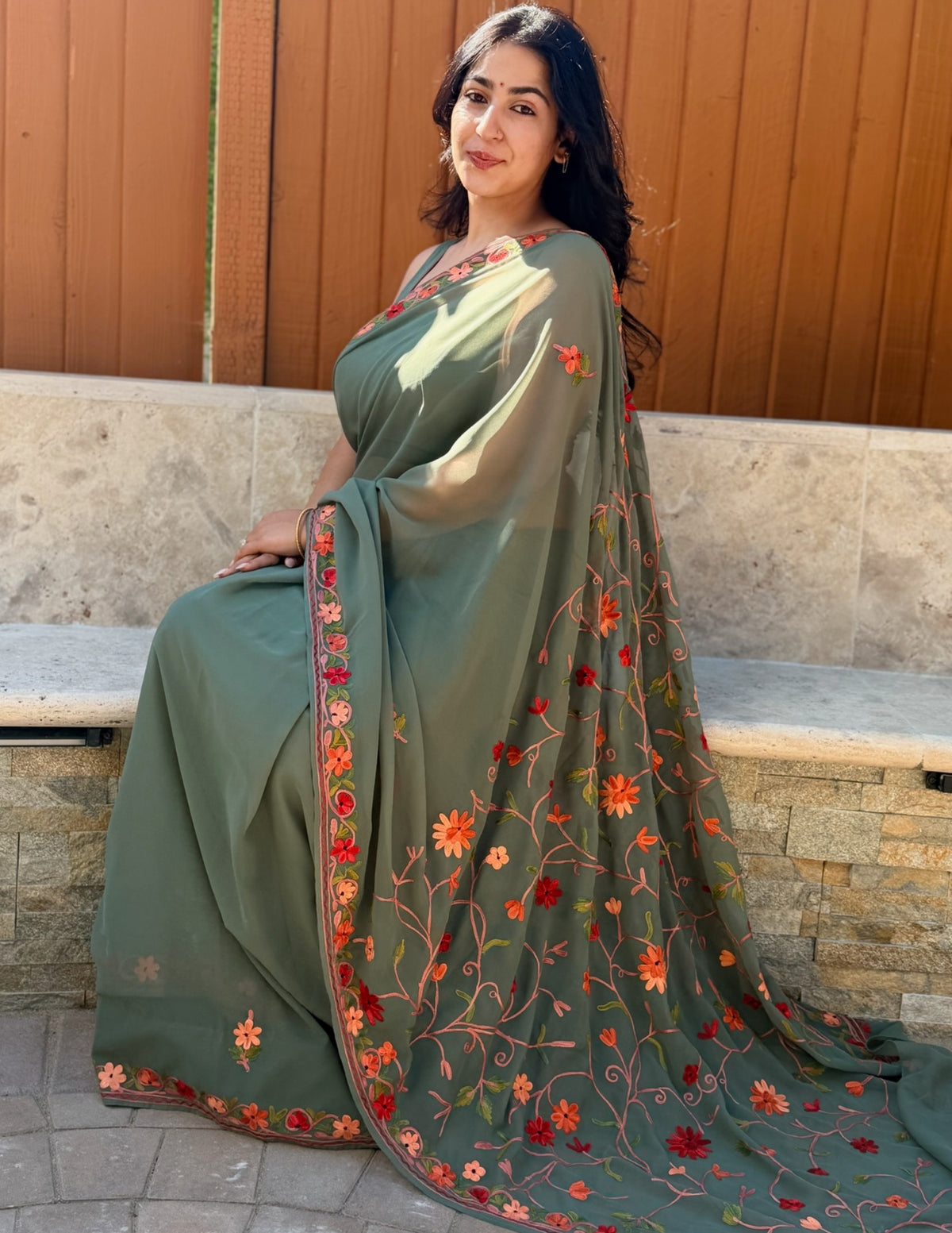 Kashmiri Aari Embroidered Georgette Saree – Pine Green