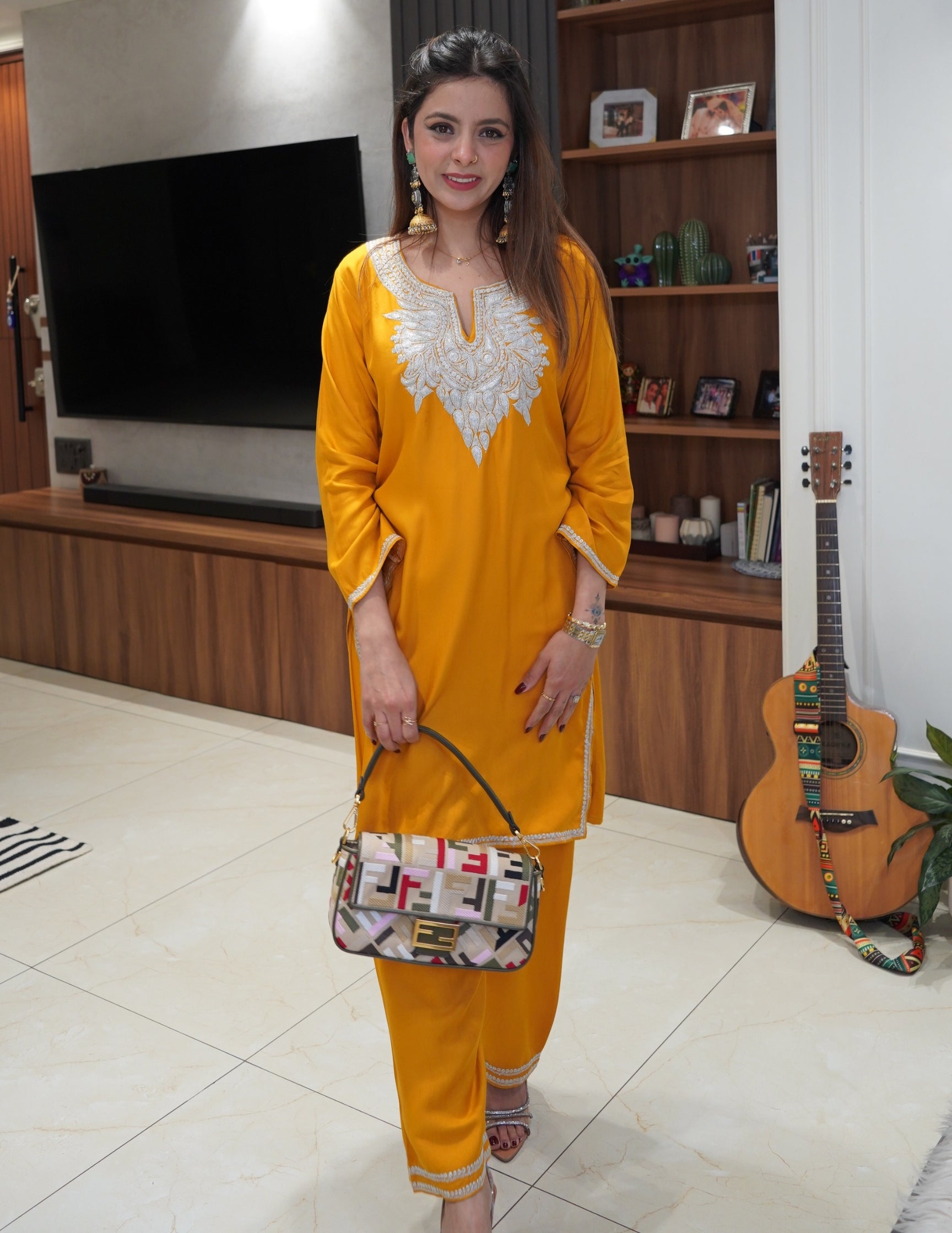 Kashmiri Silver Boti Tilla Embroidered Woollen Coordset – Mustard Yellow | Handcrafted Heritage