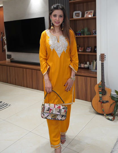 Kashmiri Silver Boti Tilla Embroidered Woollen Coordset – Mustard Yellow | Handcrafted Heritage