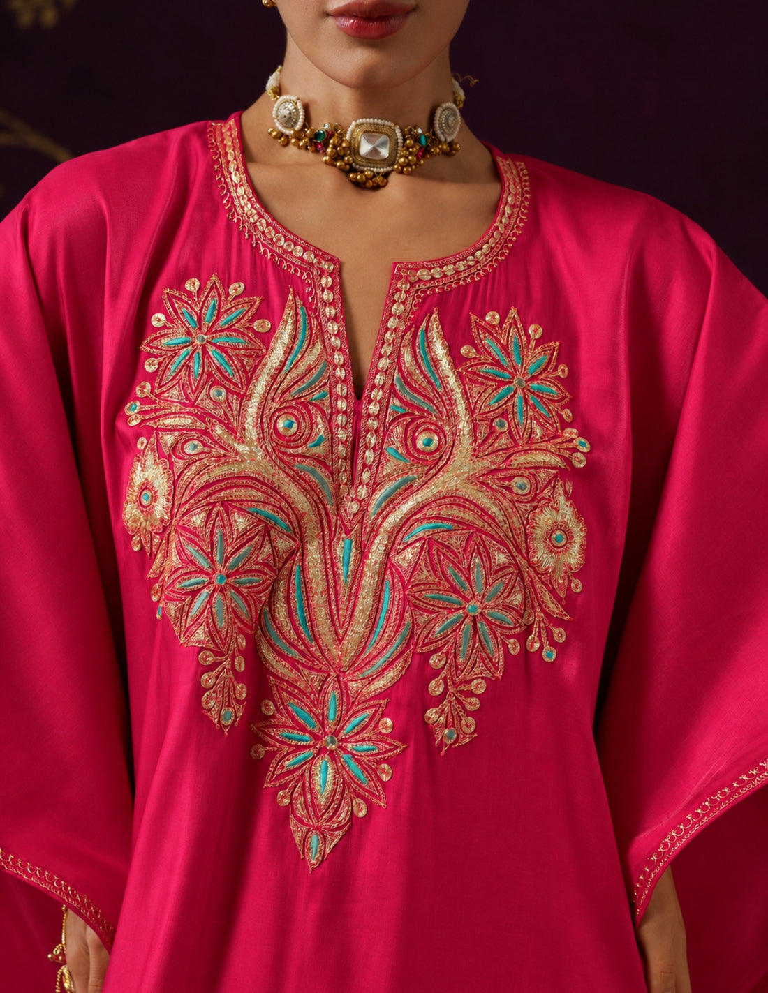 Kashmiri Tilla &amp; Thread Embroidered Silk Kaftan Set – Magenta Pink
