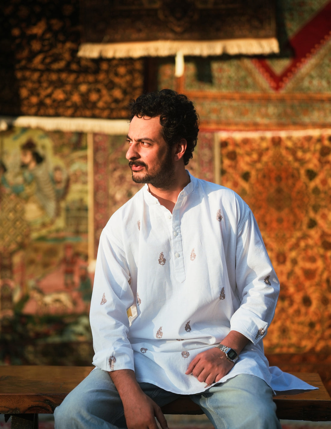 Yawar Abdal × Kashmir Box Sozni Paisley Embroidered Linen Cotton Short Kurta – White | Handmade Heritage - Kashmir Box