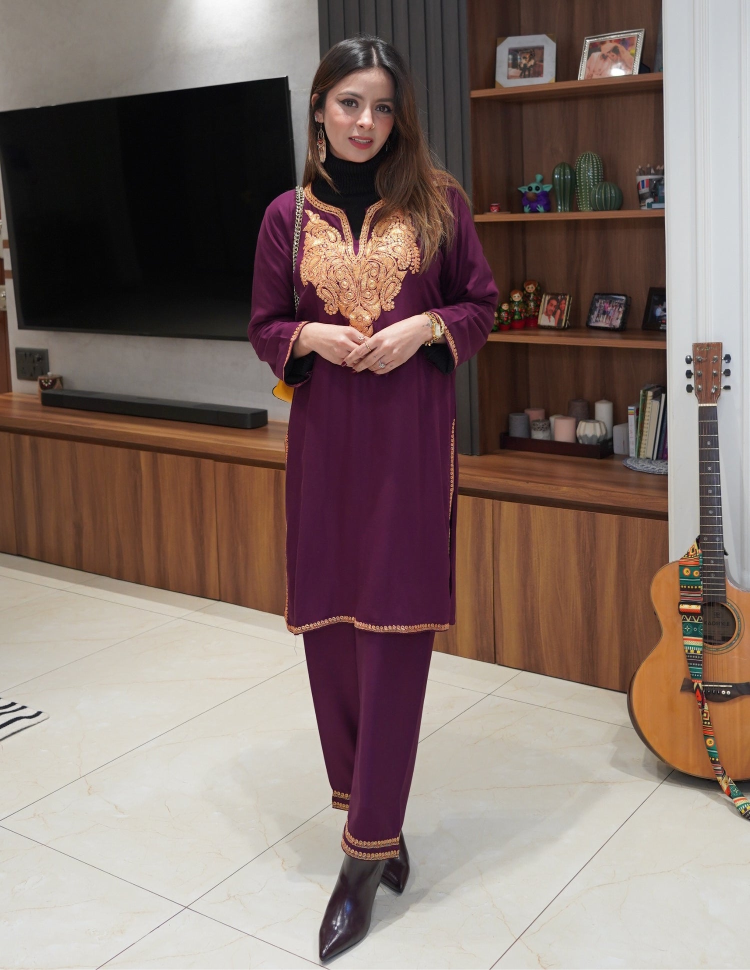 Kashmiri Golden Boti Tilla Embroidered Woollen Coordset – Wine | Handcrafted Heritage