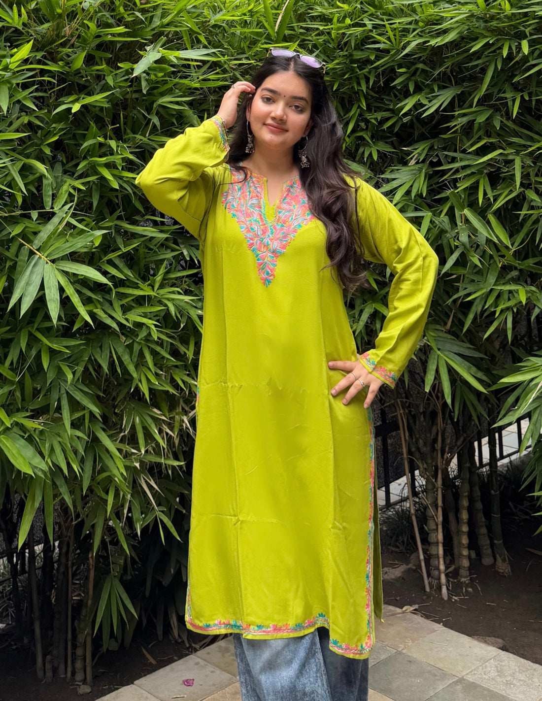 Parrot Green Kashmiri Aari Embroidered Rayon Kurti for Women | Vibrant Ethnic Wear - Kashmir Box