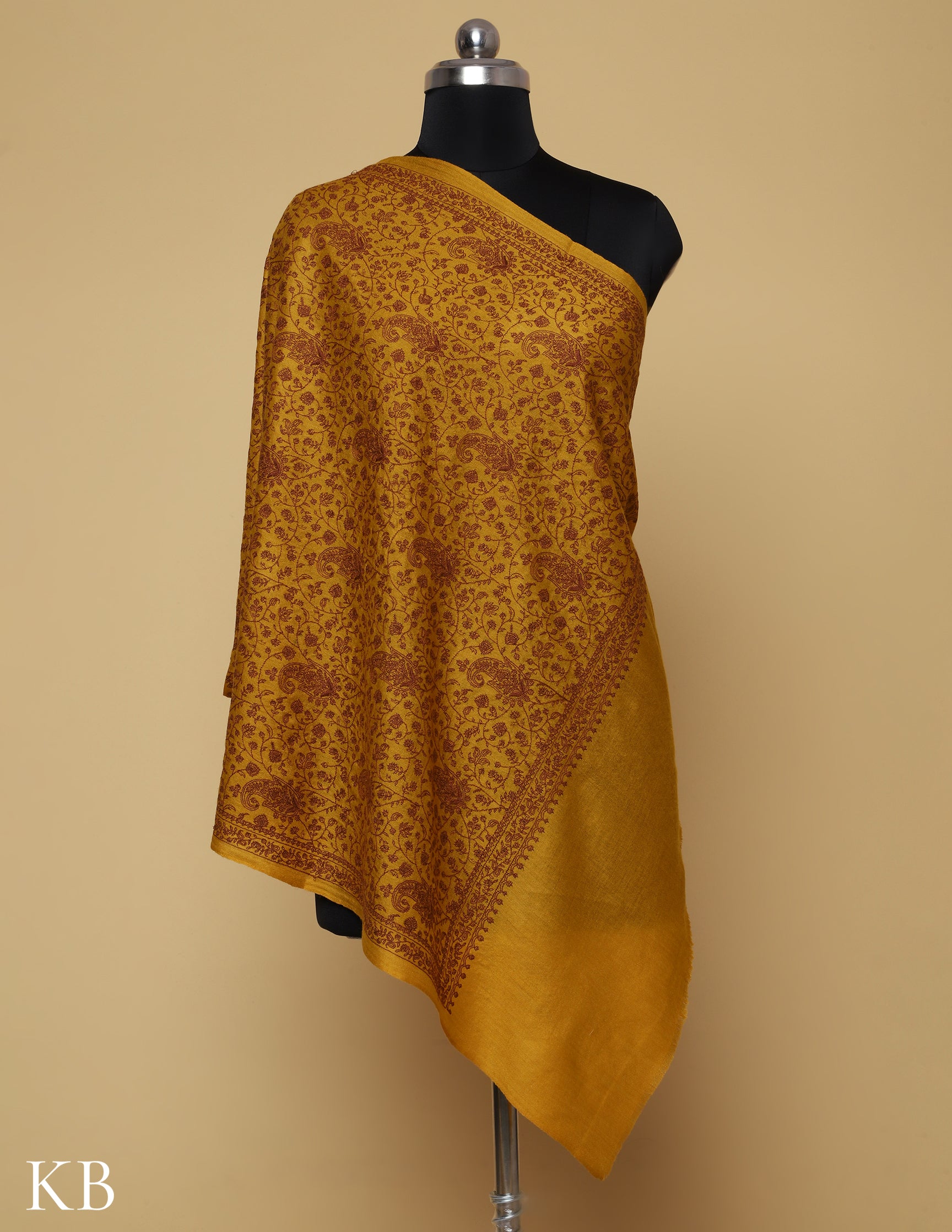 Golden Radiance Sozni Jali Embroidered Woolen Stole - Kashmir Box