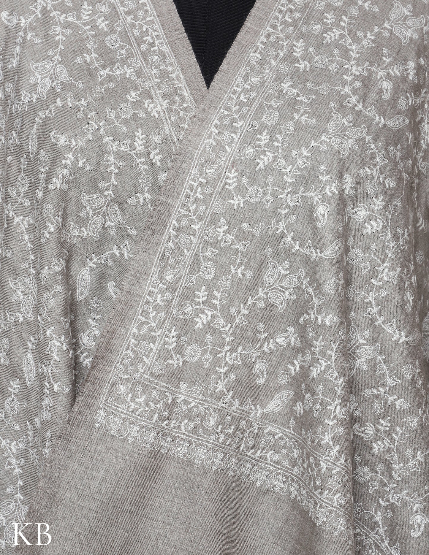 Cool Grey Sozni Jali Embroidered Woolen Shawl - Kashmir Box