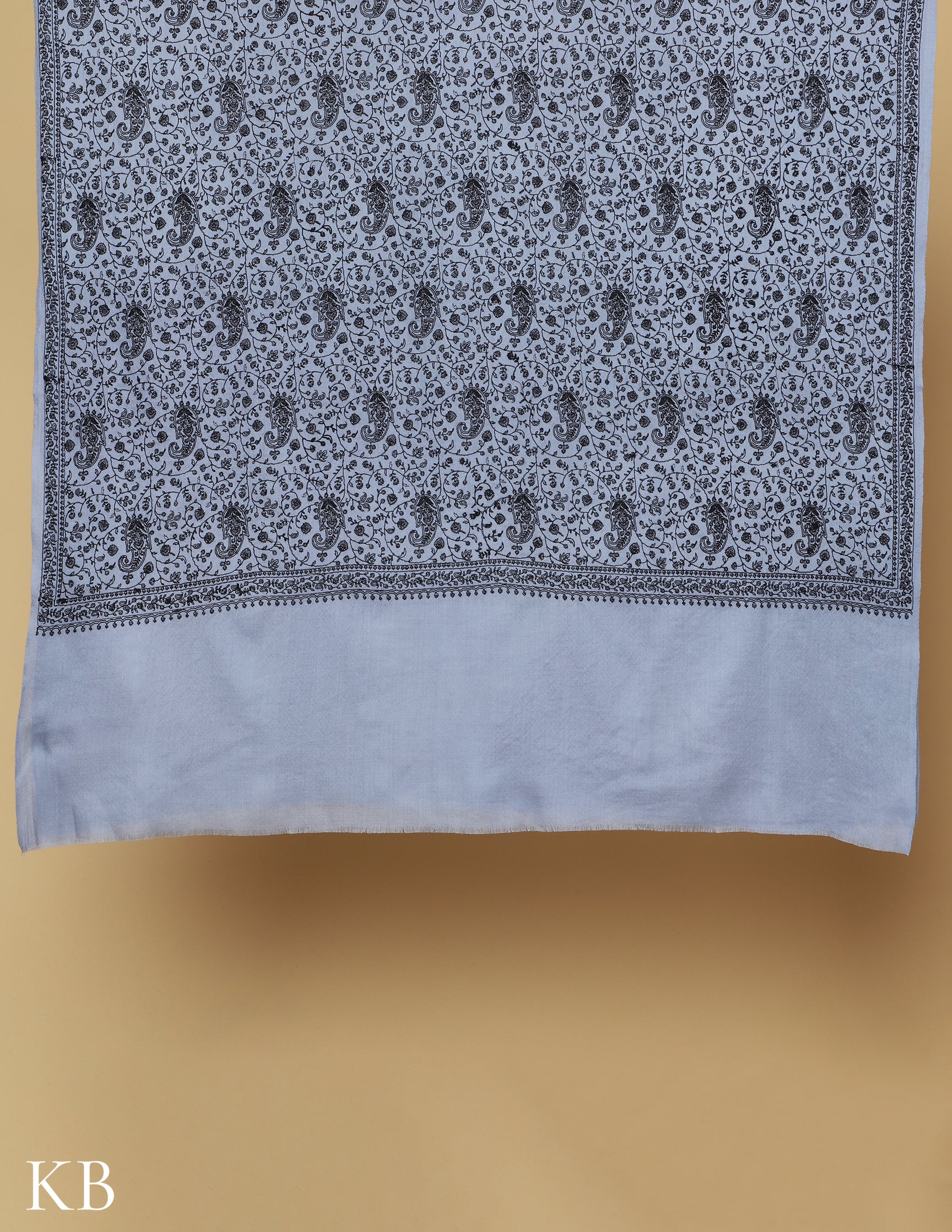 Powder Blue Sozni Jali Embroidered Woolen Shawl - Kashmir Box