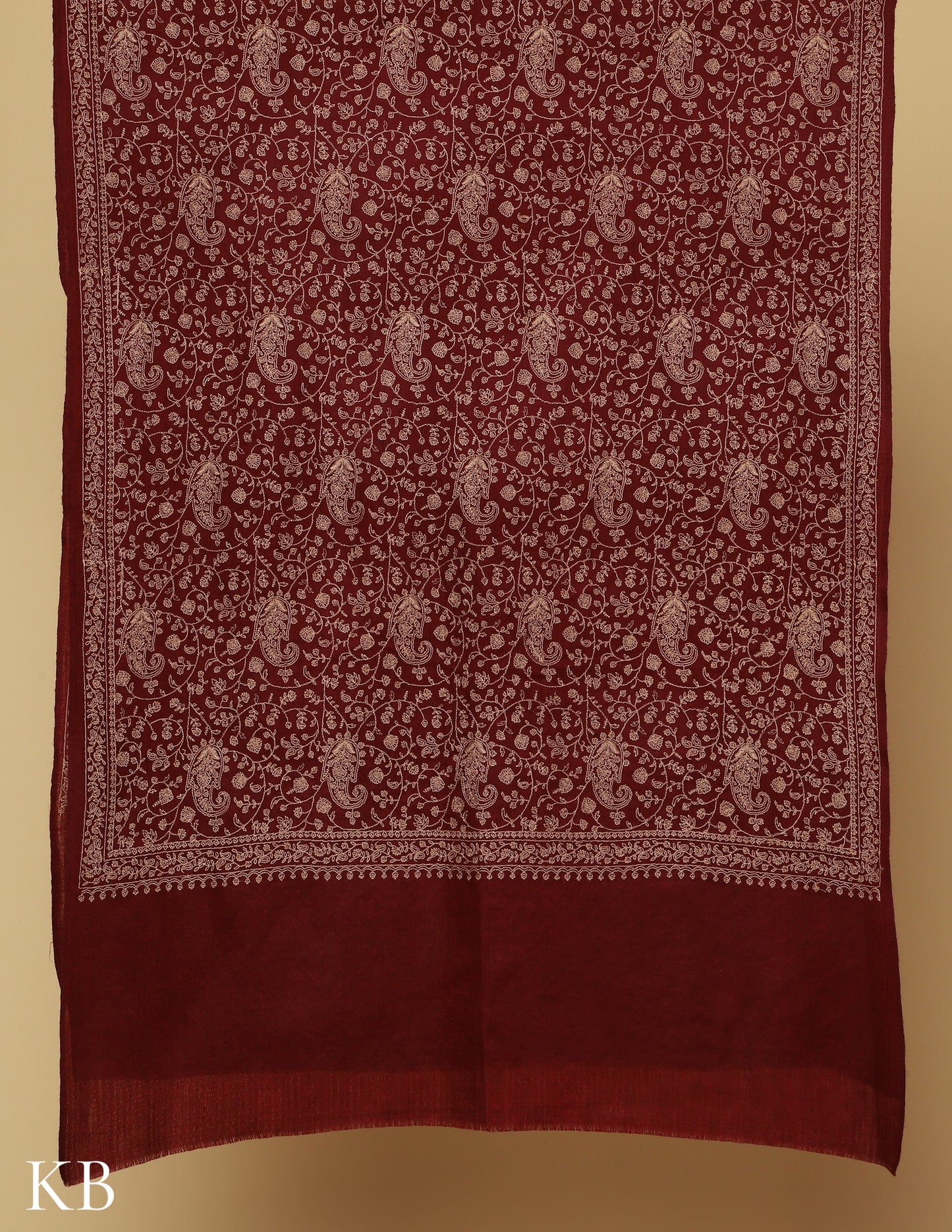 Maroon Oak Sozni Jali Embroidered Woolen Stole - Kashmir Box