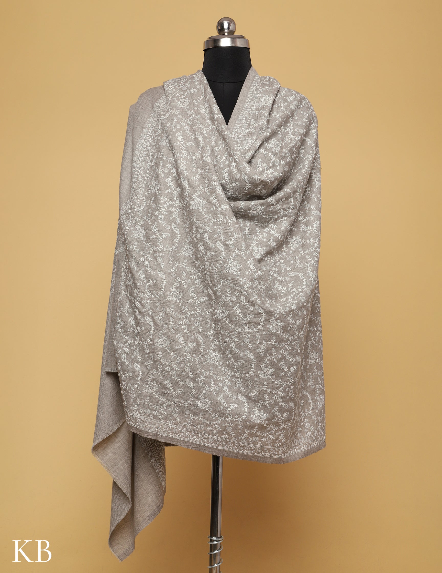 Cool Grey Sozni Jali Embroidered Woolen Shawl - Kashmir Box