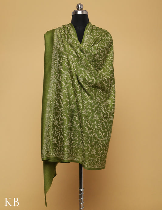 Forest Green Sozni Jali Embroidered Woolen Shawl - Kashmir Box