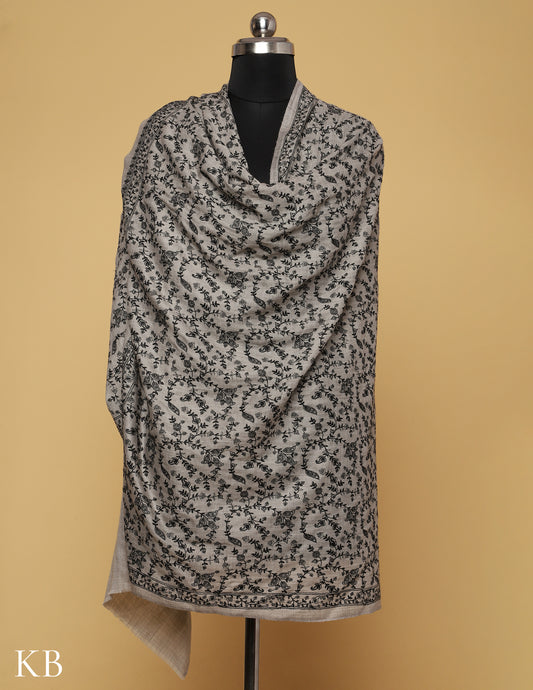 Rhino Grey Sozni Jali Embroidered Woolen Shawl - Kashmir Box