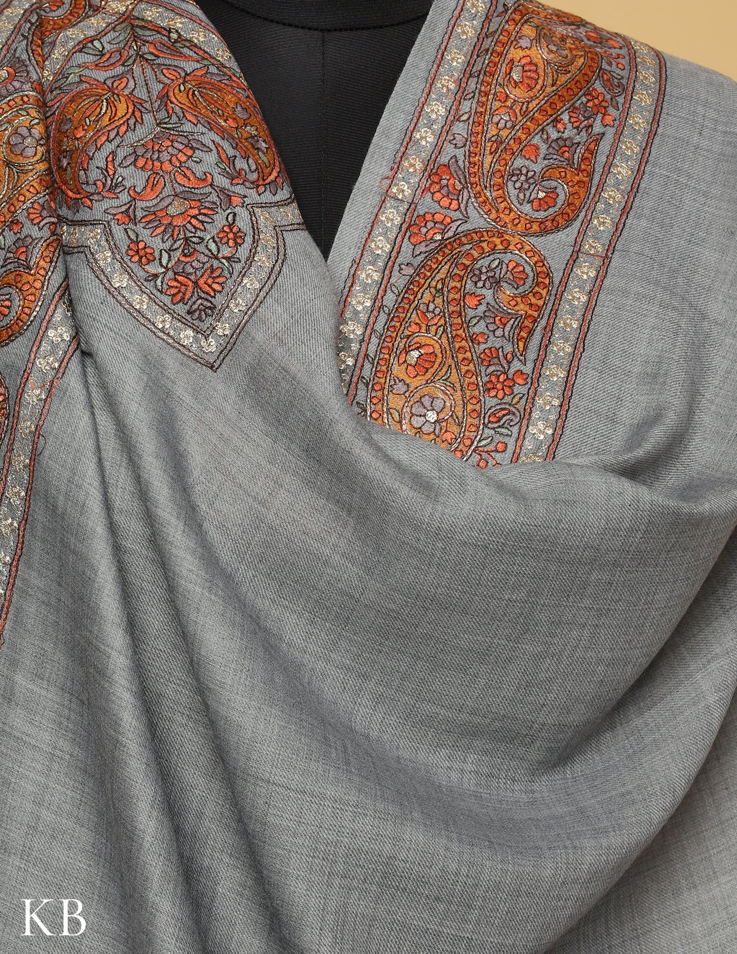 Grey Sozni Zari Palla Embroidered Polywool Shawl - Kashmir Box