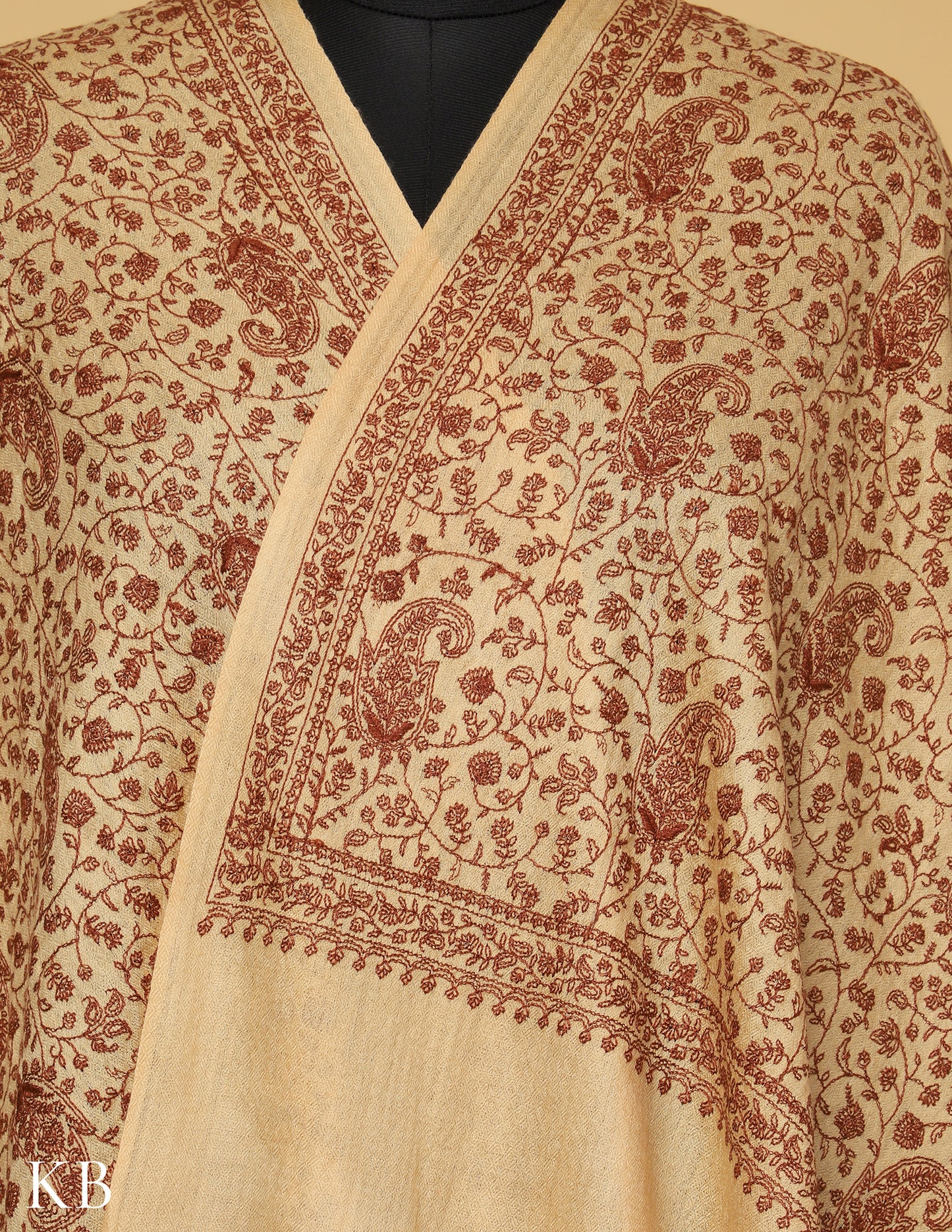 Double Cream Sozni Jali Embroidered Woolen Stole - Kashmir Box