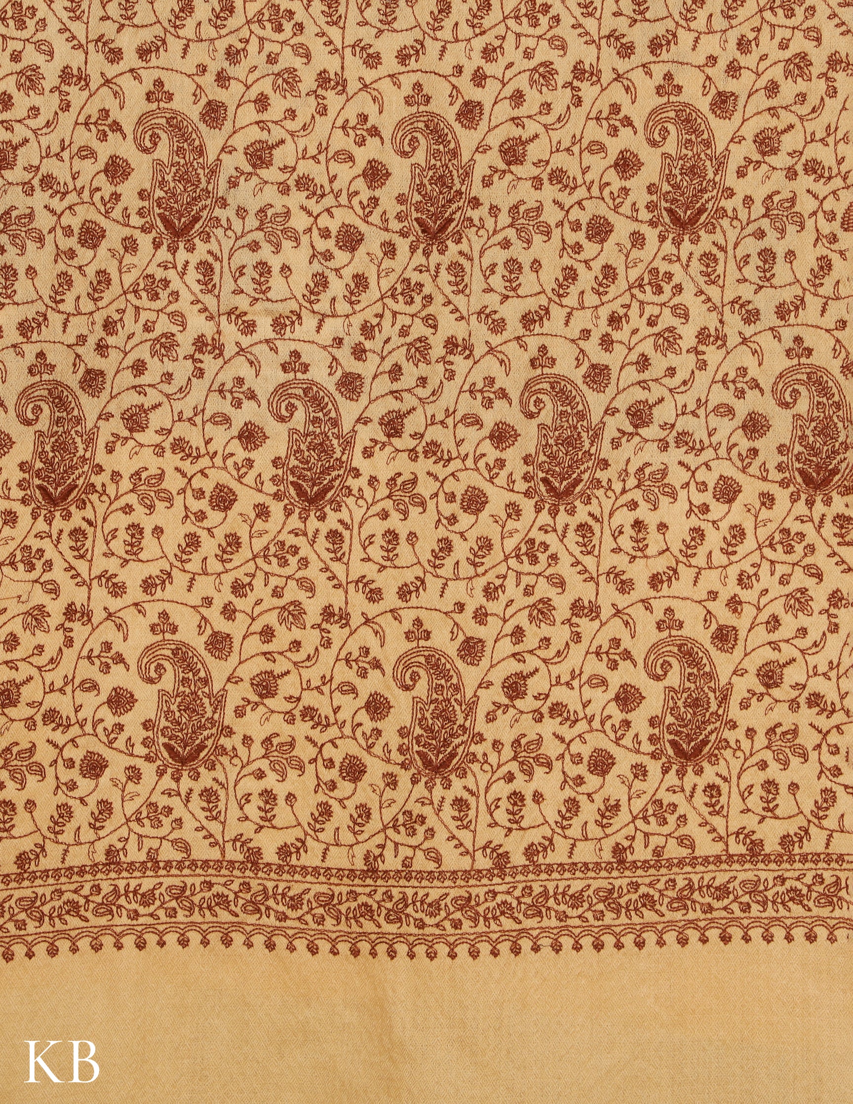 Double Cream Sozni Jali Embroidered Woolen Stole - Kashmir Box