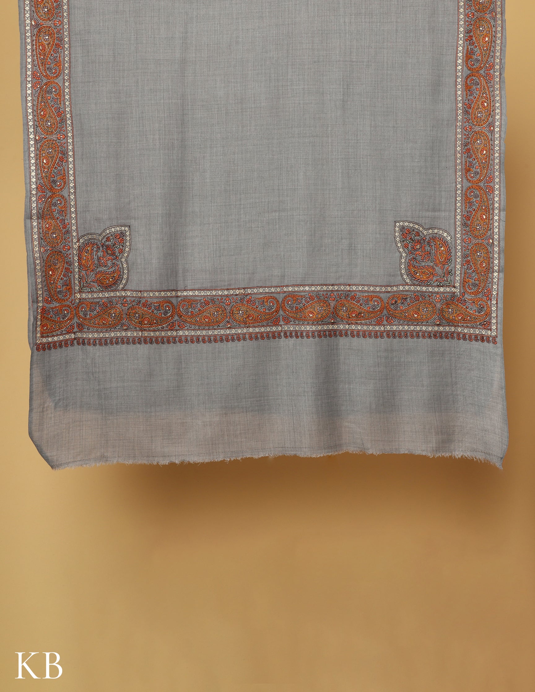 Grey Sozni Zari Palla Embroidered Polywool Shawl - Kashmir Box