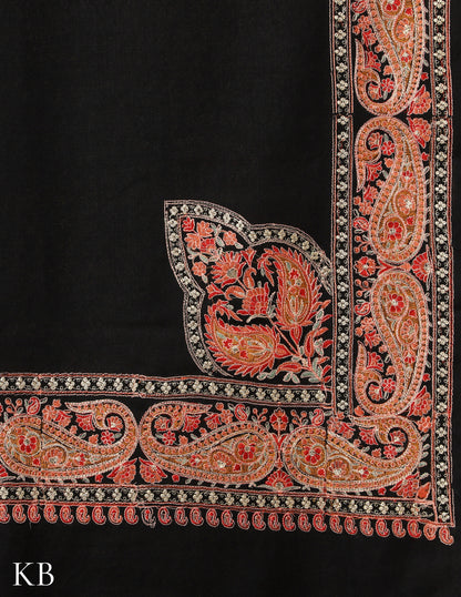 Black Sozni Zari Palla Embroidered Polywool Shawl - Kashmir Box