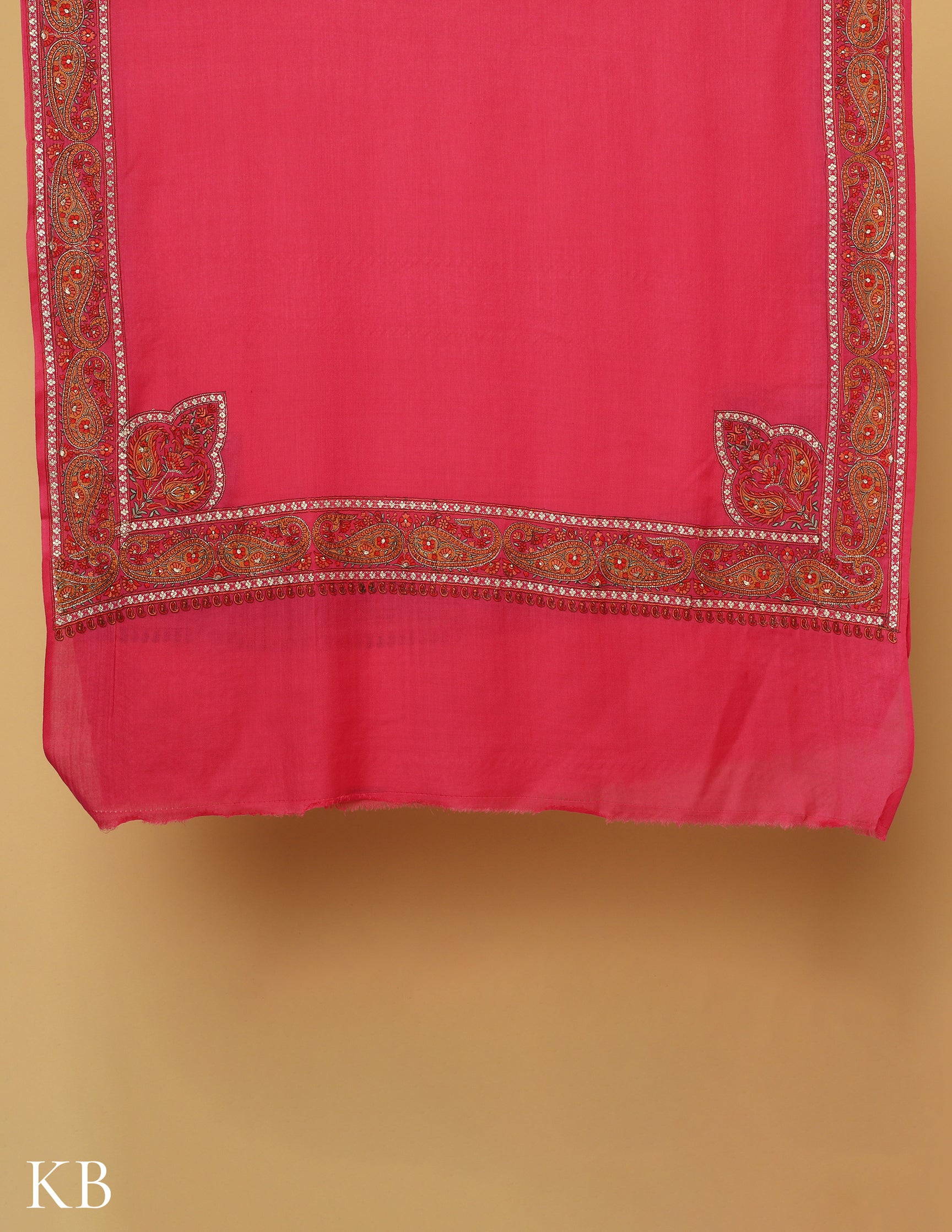 Barbie Pink Sozni Zari Palla Embroidered Polywool Shawl - Kashmir Box